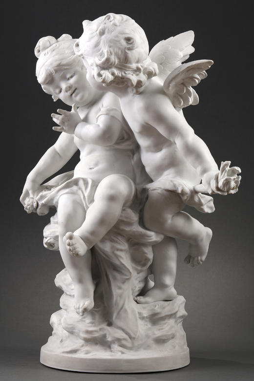 独角鹿西洋古董艺术家Auguste Moreau签名素胎瓷雕塑《丘比特们》 商品图4