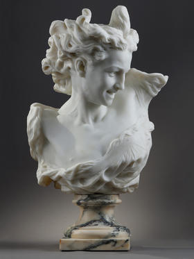 独角鹿西洋古董雕塑家Pugi签名卡拉拉大理石半身雕塑《舞蹈精灵》