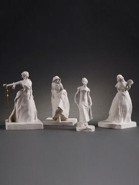 独角鹿西洋古董塞弗尔雕塑家设计素胎瓷贵族淑女人物雕像一组