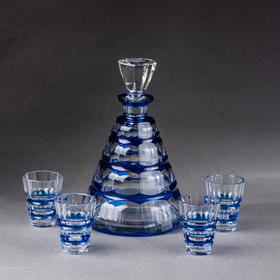 独角鹿西洋古董比利时圣朗博 VSL蓝色套色水晶手工切割酒具五件套