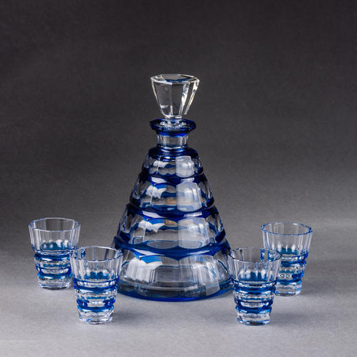 独角鹿西洋古董比利时圣朗博 VSL蓝色套色水晶手工切割酒具五件套 商品图0