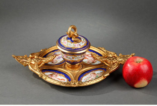 独角鹿西洋古董摆件法国铜鎏金雕饰灵蛇手绘小天使花卉陶瓷墨水台 商品图1