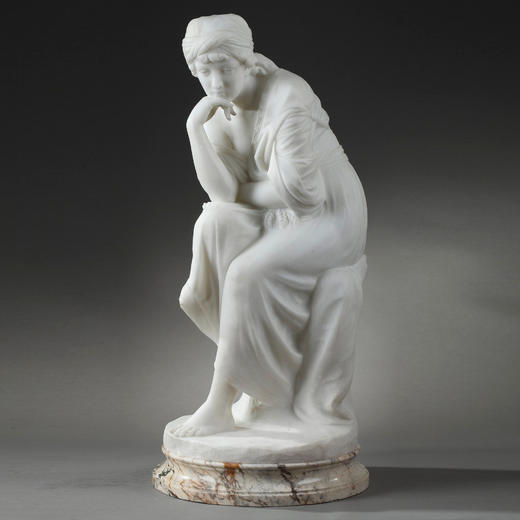独角鹿西洋古董意大利雕塑家签名白色大理石雕塑沉思的年轻女子 商品图4