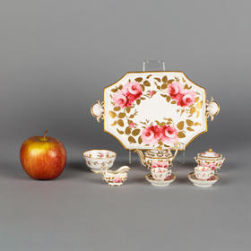 独角鹿西洋古董英国描金花卉图案微缩瓷器茶具托盘套装七件套