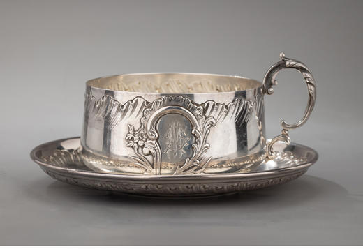 独角鹿西洋古董银器工坊BOULANGER纯银浮雕热奶巧克力杯碟一对 商品图2