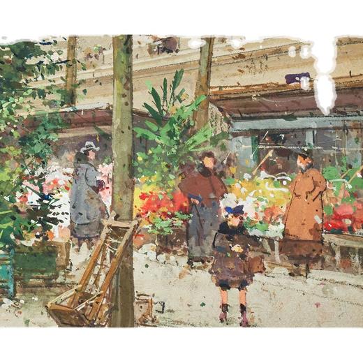 独角鹿西洋古董法国艺术家签名水粉画《圣诞前的巴黎花卉市场》 商品图4