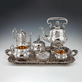 独角鹿西洋古董金银器工坊ODIOT签名洛可可风格纯银精雕茶具套件