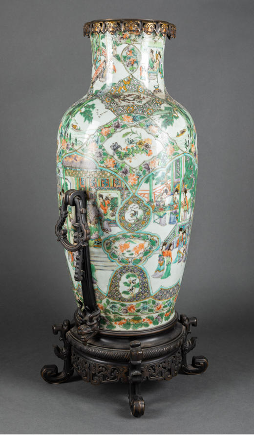 独角鹿西洋古董瓷器法国铜鎏金饰传统园邸人物主题中国广彩瓷瓶 商品图1