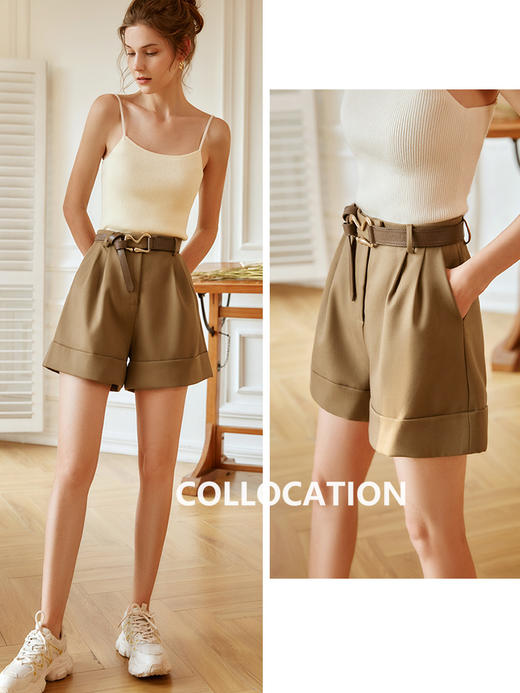 欧芮儿咖色休闲裤女秋季2022年新款高腰时尚气质直筒阔腿西装短裤 商品图1