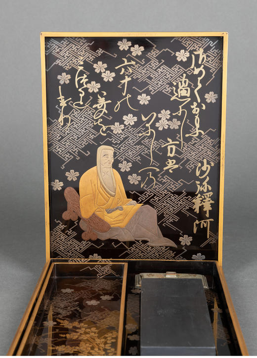 独角鹿西洋古董日本传统梅月主题黑漆地金银莳绘古董砚箱 商品图3