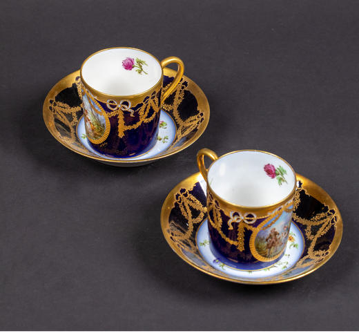 独角鹿西洋古董法国描金蓝釉浮雕珐琅手绘花卉瓷器杯碟双人套装 商品图1