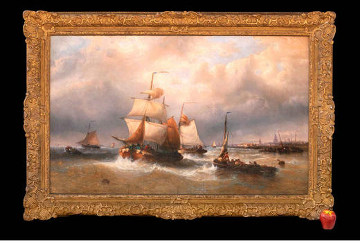 独角鹿西洋古董比利时著名画家F.MUSIN签名油画《出港船舶》 商品图1