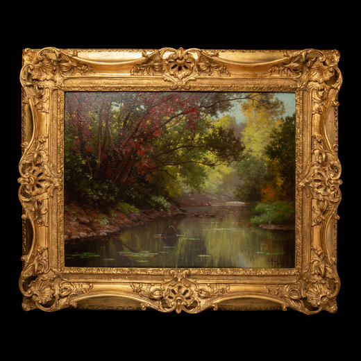 独角鹿西洋古董法国画家E. René-His签名布面油画《秋林碧水》 商品图0