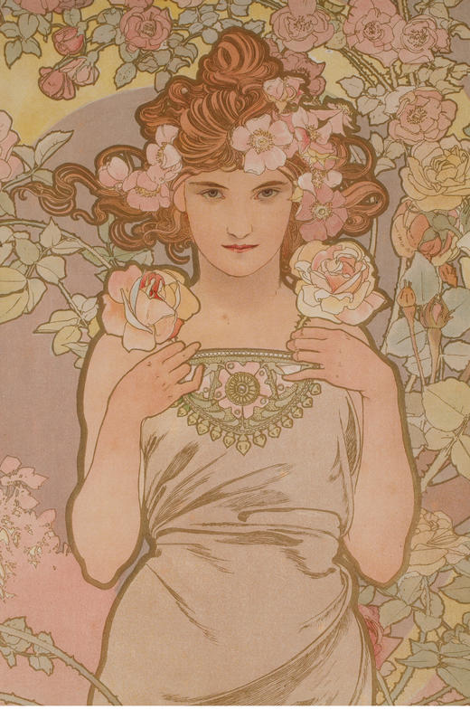 独角鹿西洋古董新艺术时期穆夏签名创作原版版画《玫瑰La Rose》 商品图3