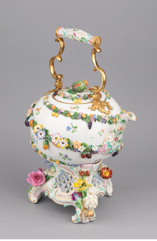 独角鹿西洋古董德国梅森瓷器铜鎏金花果瓷面浮雕彩绘描金温水壶 商品图2