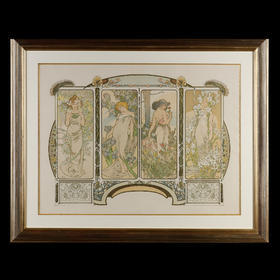 独角鹿西洋古董新艺术时期穆夏签名原版版画四时花卉Les Fleurs