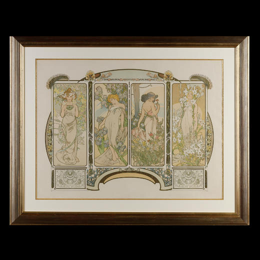 独角鹿西洋古董新艺术时期穆夏签名原版版画四时花卉Les Fleurs 商品图0