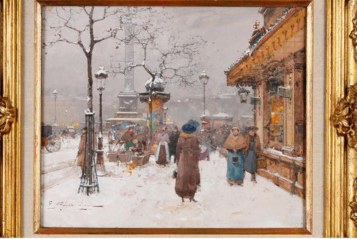 独角鹿西洋古董法国画家城市街景水粉画巴黎-热闹的巴士底广场 商品图1