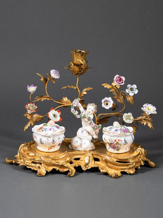 独角鹿西洋古董小天使花卉彩绘陶瓷洛可可风铜鎏金烛台式墨水台 商品图0