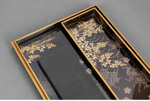 独角鹿西洋古董日本传统梅月主题黑漆地金银莳绘古董砚箱 商品图4