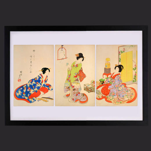 独角鹿西洋古董浮世绘大师杨洲周延三联幅版画徳川時代貴婦人の図 商品图4