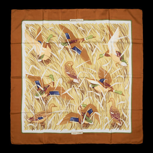 独角鹿西洋古董法国奢侈品牌设计《COLS VERTS 绿头鹅》方形丝巾 商品图0