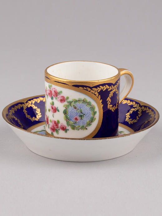 独角鹿西洋古董塞弗尔瓷器Commelin手绘描金彩色花卉帝王蓝釉杯碟 商品图2