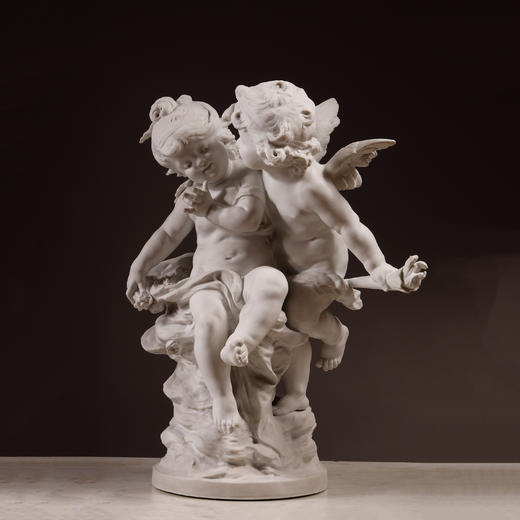 独角鹿西洋古董雕塑法国雕塑家签名丘比特与普绪克素胎瓷人物雕像 商品图0