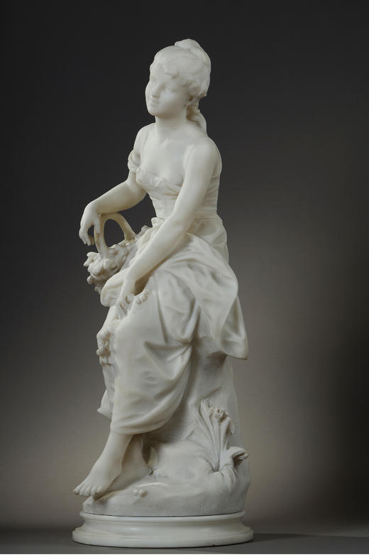 独角鹿西洋古董法国雕塑家签名新艺术风花篮少女卡拉拉大理石雕塑 商品图2