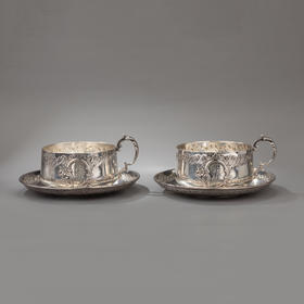 独角鹿西洋古董银器工坊BOULANGER纯银浮雕热奶巧克力杯碟一对