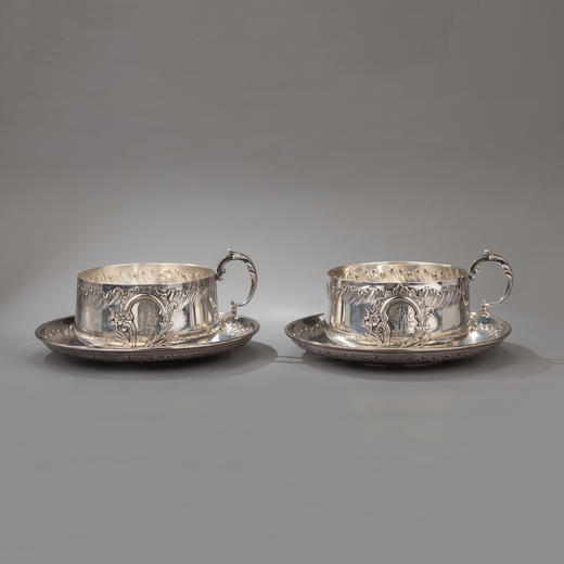 独角鹿西洋古董银器工坊BOULANGER纯银浮雕热奶巧克力杯碟一对 商品图0