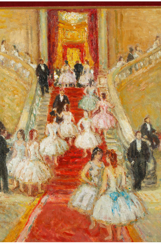 独角鹿西洋古董法国艺术家签名木板油画《巴黎歌剧院的台阶上》 商品图2