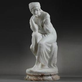 独角鹿西洋古董意大利雕塑家签名白色大理石雕塑沉思的年轻女子