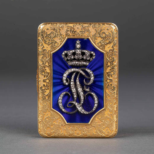 独角鹿西洋古董法国18K金镶嵌钻石玑镂纹珐琅装饰方形鼻烟盒 商品图0