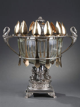 独角鹿西洋古董法国银匠帝政风格天鹅海豚纯银精雕水晶冰激凌樽