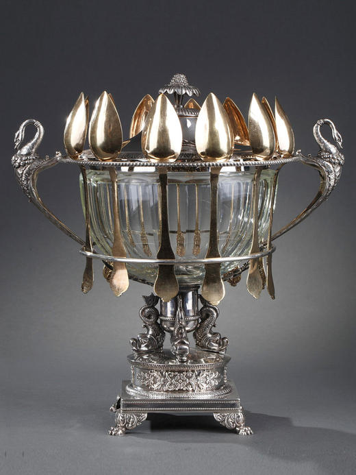 独角鹿西洋古董法国银匠帝政风格天鹅海豚纯银精雕水晶冰激凌樽 商品图0