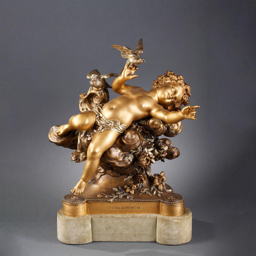 独角鹿西洋古董法国雕塑家与工坊联合丘比特主题铜鎏金雕塑摆件 商品图0