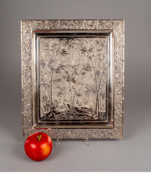 独角鹿西洋古董中国外销银器工坊WANG HING & CO传统竹鸟纯银托盘 商品图1