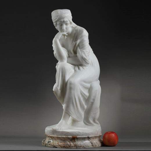 独角鹿西洋古董意大利雕塑家签名白色大理石雕塑沉思的年轻女子 商品图1