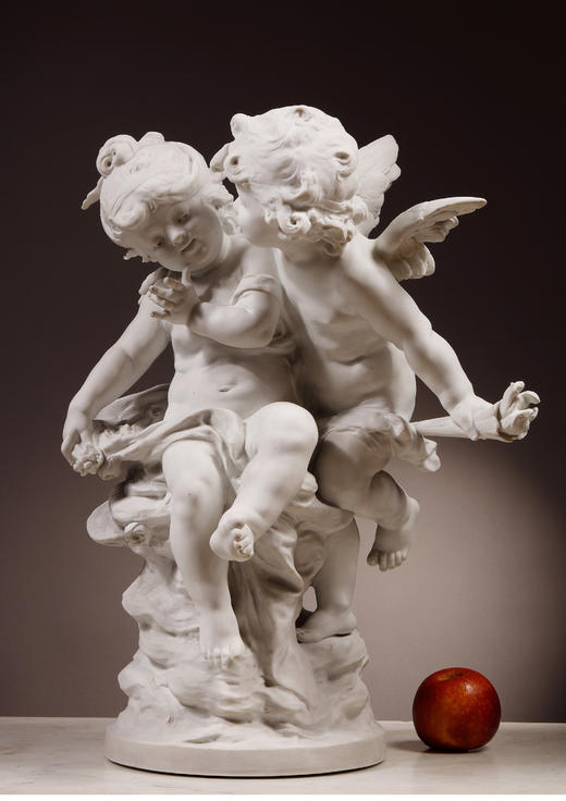 独角鹿西洋古董雕塑法国雕塑家签名丘比特与普绪克素胎瓷人物雕像 商品图1