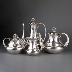 独角鹿西洋古董银器1900年代法国新艺术时期出品银制茶具套件
