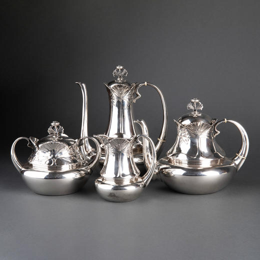 独角鹿西洋古董银器1900年代法国新艺术时期出品银制茶具套件 商品图0
