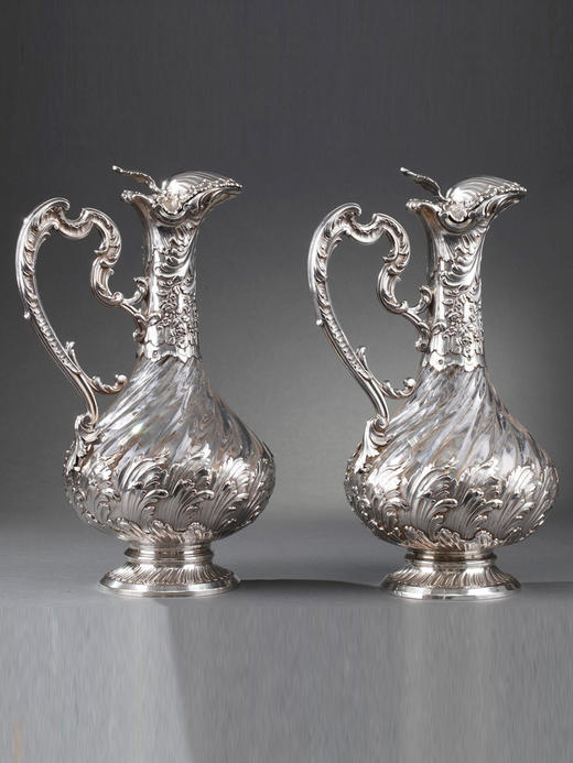 独角鹿西洋古董法国银匠工坊签名路易十五风纯银精雕水晶酒壶一对 商品图4