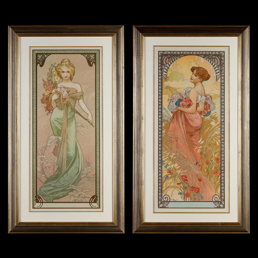 独角鹿西洋古董新艺术时期穆夏签名原版版画春Printemps与夏Eté 商品图0