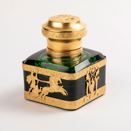 独角鹿西洋古董法国帝政风格天后赫拉主题银镀金绿色水晶墨水瓶 商品图0