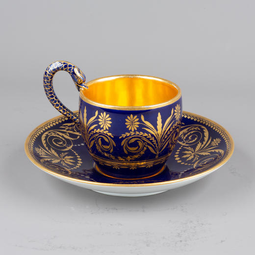 独角鹿西洋古董德国梅森瓷器天鹅柄杯Marcolini钴金瓷杯碟套装 商品图0