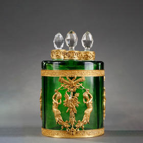 独角鹿西洋古董法国帝政风格桂冠火炬箭袋铜鎏金绿水晶香水瓶套装