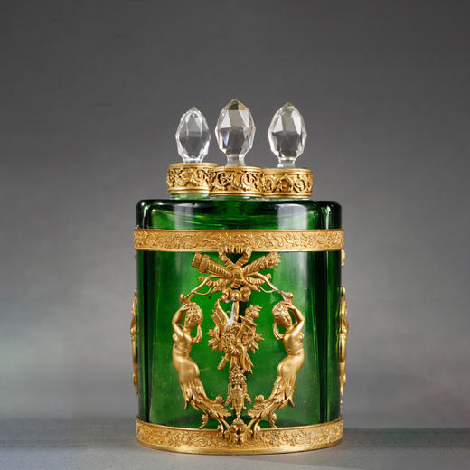 独角鹿西洋古董法国帝政风格桂冠火炬箭袋铜鎏金绿水晶香水瓶套装 商品图0