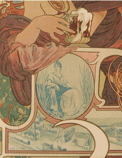 独角鹿西洋古董新艺术时期大师穆夏签名创作版画《默兹的啤酒》 商品图2