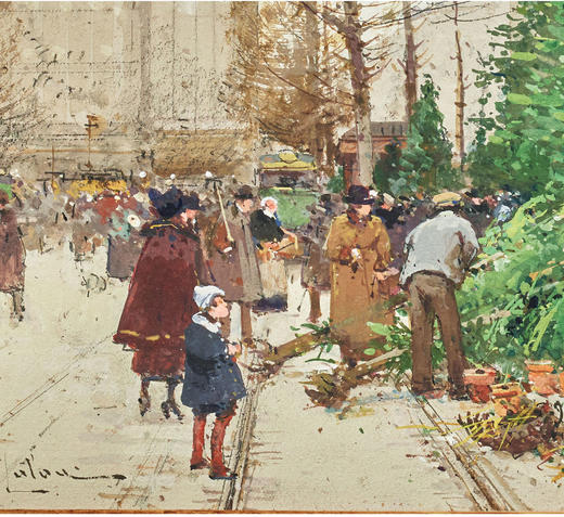 独角鹿西洋古董法国艺术家签名水粉画《圣诞前的巴黎花卉市场》 商品图2